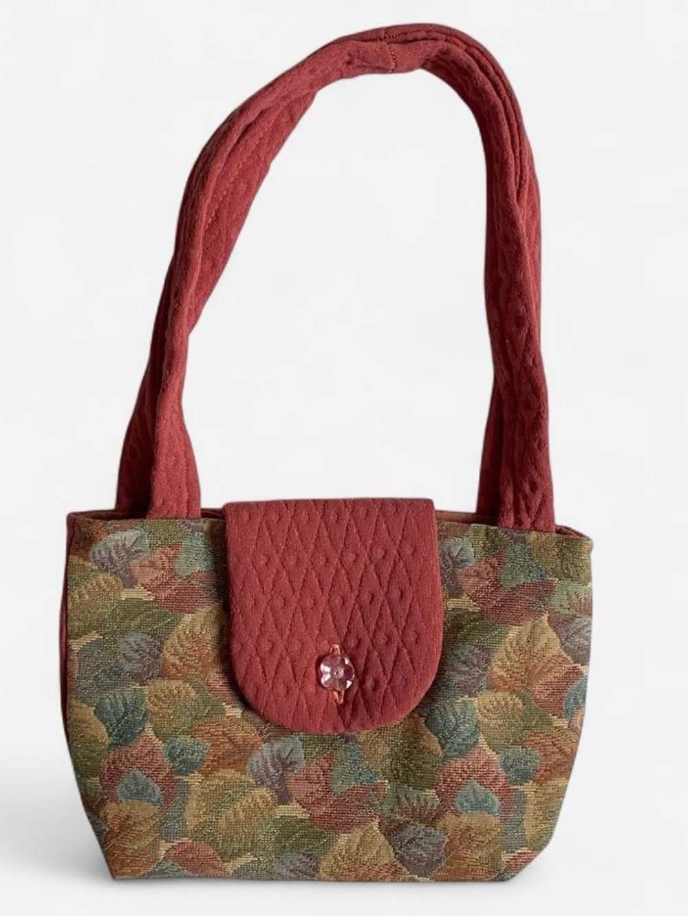 Handmade muted dusty pink leaf pattern tapestry bag